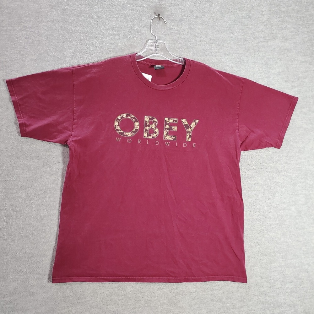 Obey Men T-Shirt XL Red Worldwide Graphic Spellout‎ Short Sleeve Crew Neck